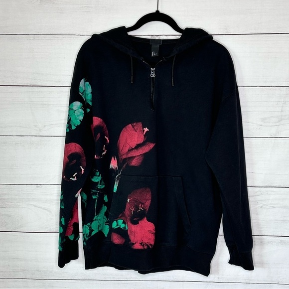 H&M Black Floral Hoodie With Zip Size L - Picture 1 of 6
